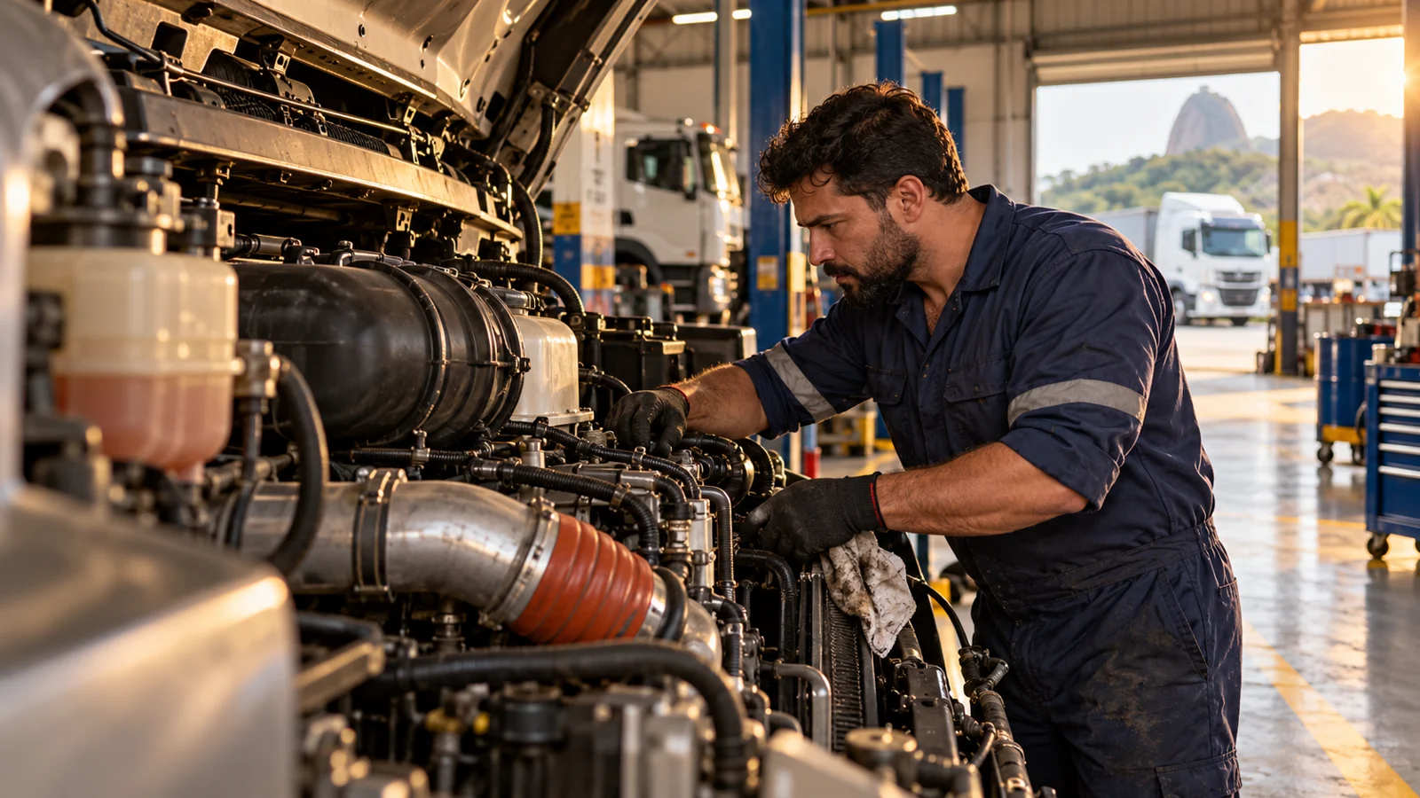 Profissional inspecionando um motor diesel
